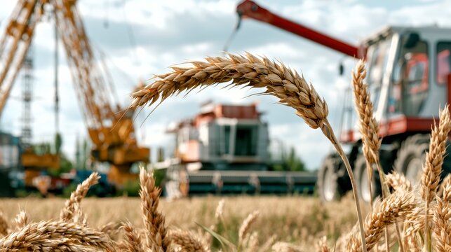 Wheat field harvest grain crop agriculture machinery crane combine field rural abandoned export disruption golden farm summer plant stalk ear machinery equipment transport industry production