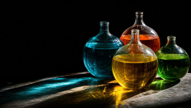 Colorful liquids in round glass demijohns creating light refraction, dark background, crisp details.