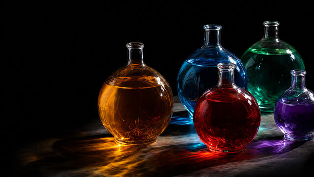 Colorful liquids in round glass demijohns creating light refraction, dark background, crisp details.
