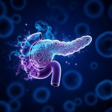 A human pancreas dissolving into a swirl of blue and purple smoke and glowing dust particles, set against a deep blue microscopic background, symbolizing pancreatic failure or diabetes. Cinematic shot