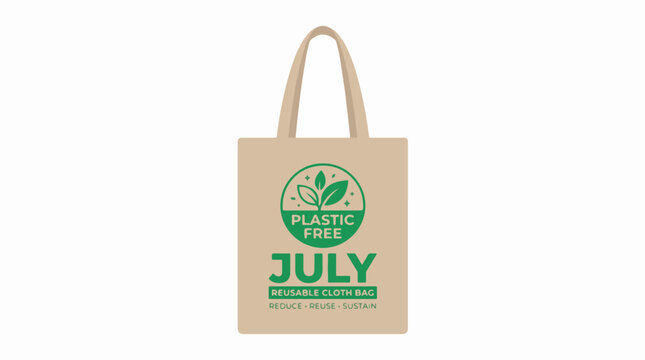 A beige canvas tote bag featuring a green 'Plastic Free July' logo with leaf design and text 'Reusable Cloth Bag' and 'Produce Reuse Sustain'.