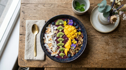 Obraz premium Acai bowl kiwi mango blueberry coconut granola edible flower breakfast fruit bowl healthy meal on rustic wooden table with spoon mint vase calm natural light