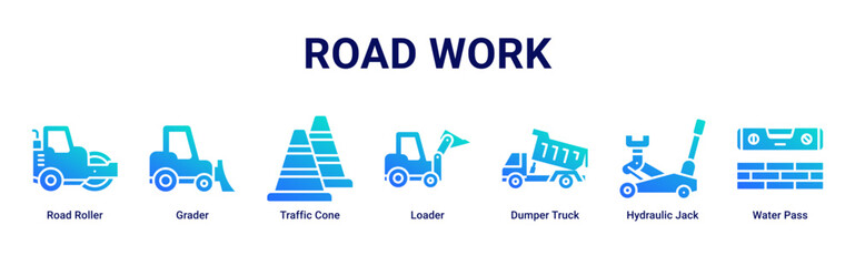 Road Work web banner icon vector illustration with Road Roller, Grader, Traffic Cone, Loader, Dumper Truck, Hydraulic Jack and Water Pass © Arjuna