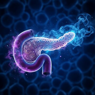 A human pancreas dissolving into a swirl of blue and purple smoke and glowing dust particles, set against a deep blue microscopic background, symbolizing pancreatic failure or diabetes. Cinematic shot