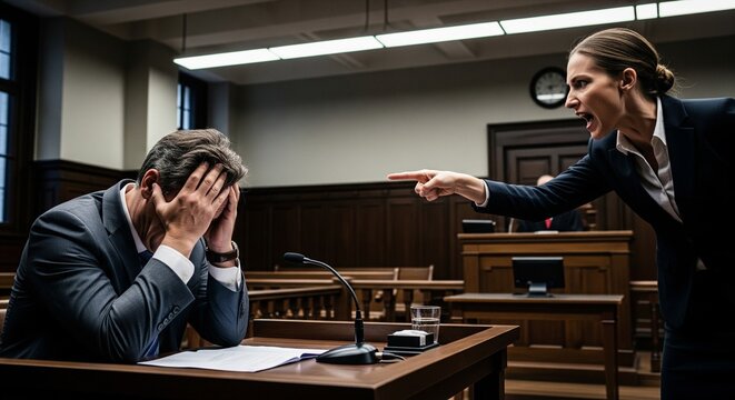 A woman in a suit yells at a man in a courtroom setting, pointing an accusatory finger at him