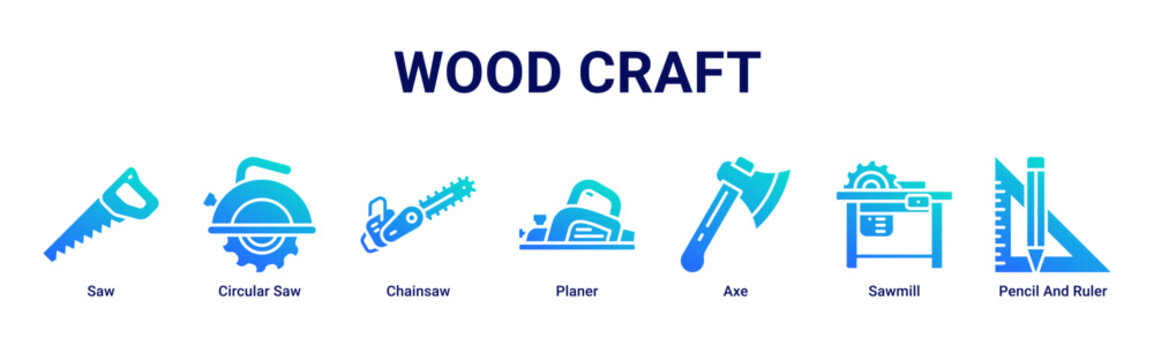 Wood Craft web banner icon vector illustration with Saw, Circular Saw, Chainsaw, Planer, Axe, Sawmill and Pencil And Ruler for woodworking projects
