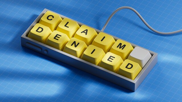 Claim denied symbol. Computer keyboard keys with words Claim denied. Business and Claim denied concept. Copy space.3D rendering