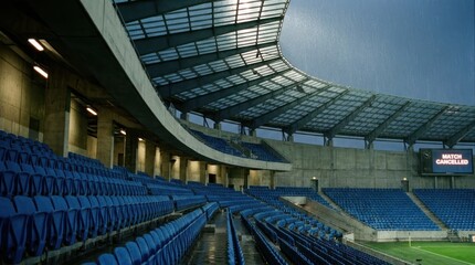 Fototapeta premium Empty blue stadium seating rows in dim light modern architecture