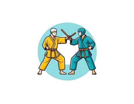 Two Martial Artists Sparring with Wooden Sticks in Simple Circular Background