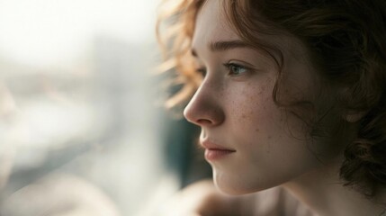 Obraz premium Close-up portrait of a young woman's face. she appears to be in her late twenties or early thirties, with shoulder-length curly hair and freckles on her face.