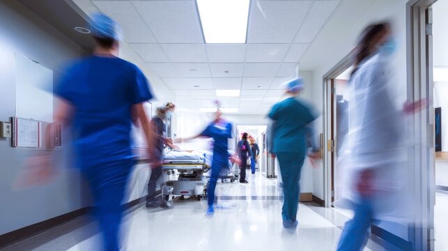 Busy emergency room scene with healthcare worker moving quickly in hospital hallway, urgent medical care under bright light