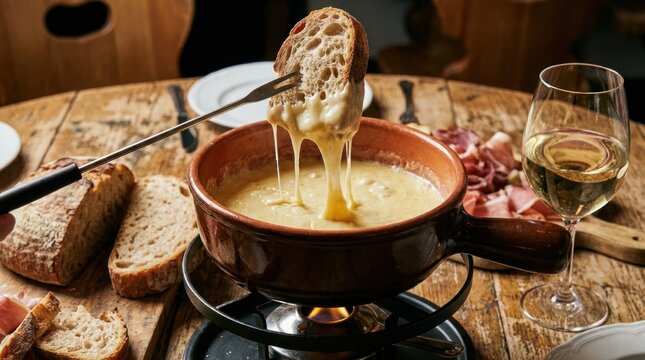 Crusty bread dipped into bubbling pot of melted cheese fondue