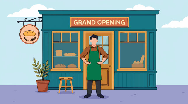 Grand Opening of a Bakery with Male Owner in Apron, Flat Vector Illustration