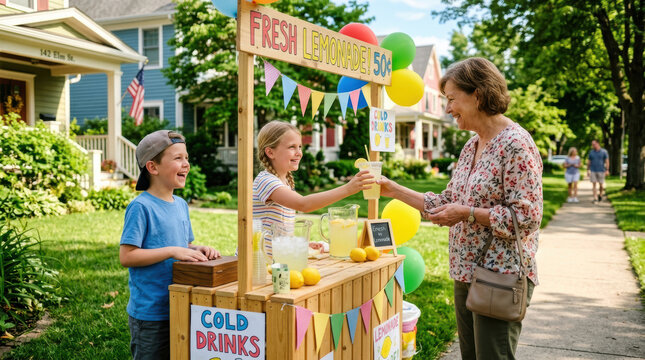 Child lemonade stand sale drink neighborhood summer outdoor customer sidewalk, young children run lemonade stand with fresh citrus drink and colorful balloon in sunny suburban street