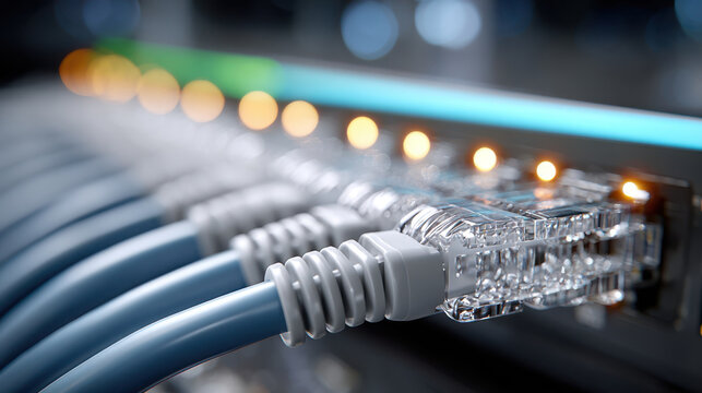 Closeup illuminated ethernet patch panel with glowing status lights for data center background and network equipment banner design