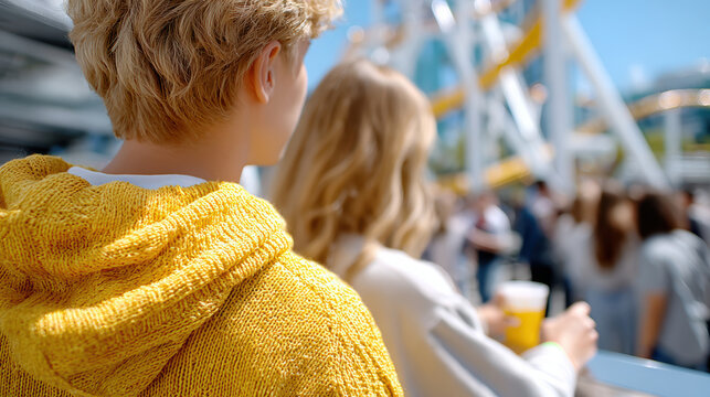 Children observing amusement park rides from a crowd during a spring family outing for event poster and lifestyle background