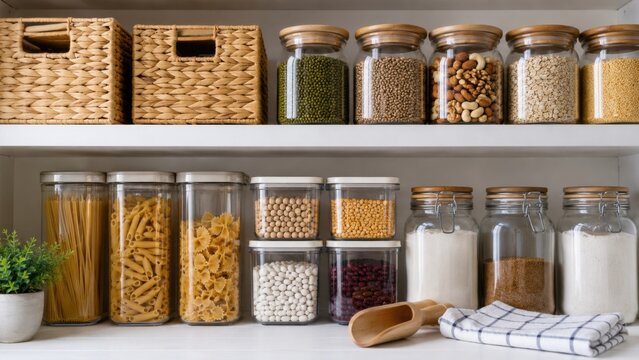 Organized pantry shelves with sealed jars and dry food containers
