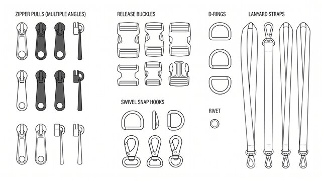 Bag and Apparel Hardware Components Technical Illustration Vector Icons Set