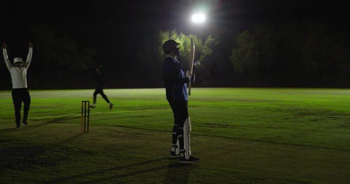 Bowler delivering ball prompts keeper appealing, umpire signaling wicket, celebrating on pitch