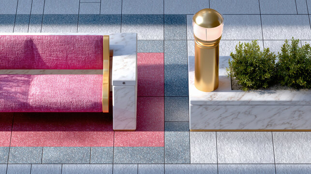 Overhead modern airport seating top view with pink bench marble planter and tiled floor for waiting area background and interior design