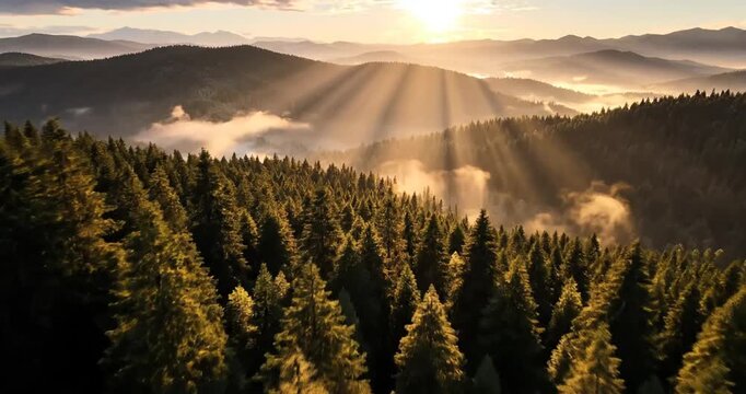 Sunlight filtering through pine forest mountains.