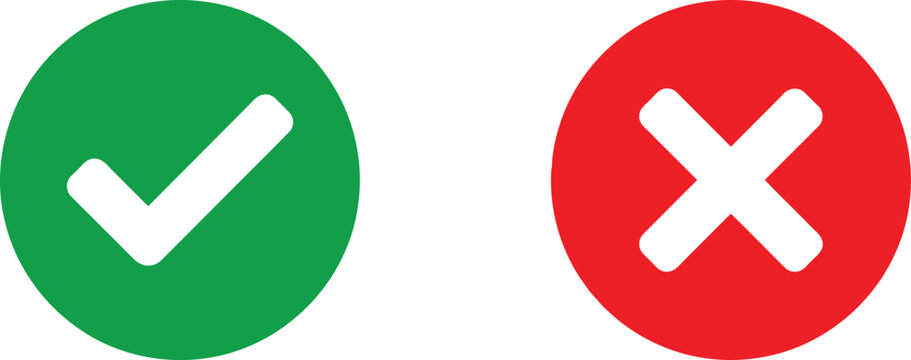 Green check mark and red cross sign icons for true or false choice and survey feedback selection