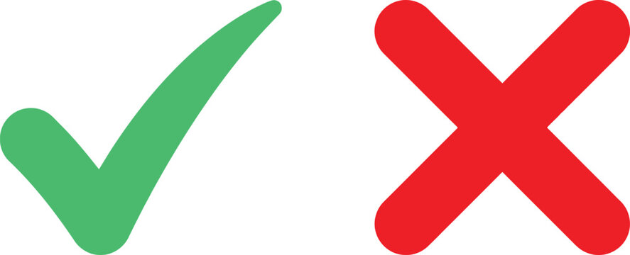 Green check mark and red cross sign icons for true or false choice and survey