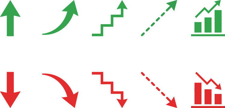 Set of green up and red down business arrows and financial growth or decline bar chart icons