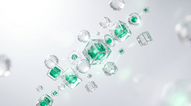 Abstract Crystal Geometry with Emerald Glass Cubes and Spheres