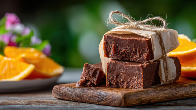 Homemade chocolate fudge wrapped in paper and tied with twine on a wooden board for dessert packaging background and food banner design