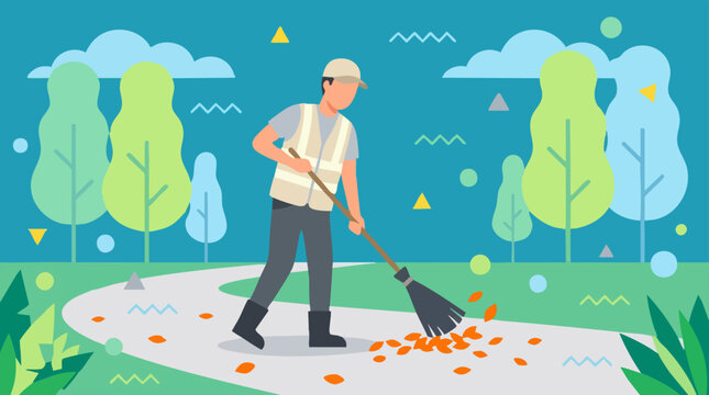 Park cleaner sweeping fallen autumn leaves on a path illustration
