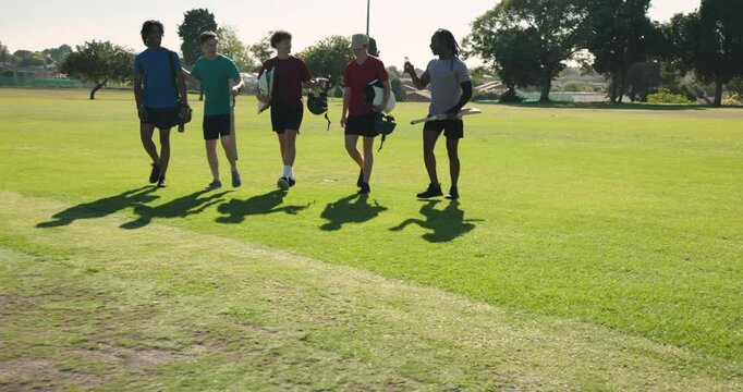 Reaching spot, diverse male cricket team placing caster boards, helmets on grass for team cheer