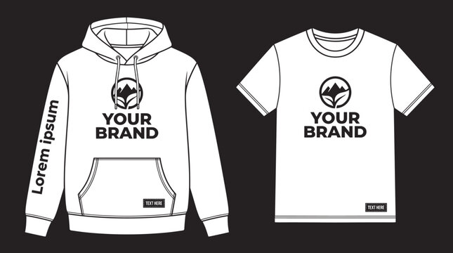 Outline vector of white hoodie and t-shirt with brand space, apparel mockup, customizable clothing design template