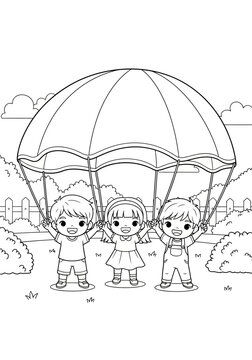 Children holding a parachute together outdoors.