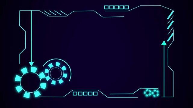 Cyan digital interface frame with glowing gears and lines. Technical cyan digital interface frame with glowing gears for user menus. Modern cyan digital interface frame.