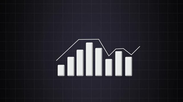 White bar chart with fluctuating line graph on dark grid. Financial white bar chart with fluctuating line graph for trading optimization. Technical white bar chart.