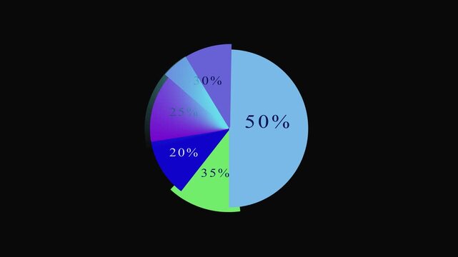 Colorful pie chart with percentage slices on black background. Analytical colorful pie chart with percentage slices for fiscal breakdowns. Professional colorful pie chart.