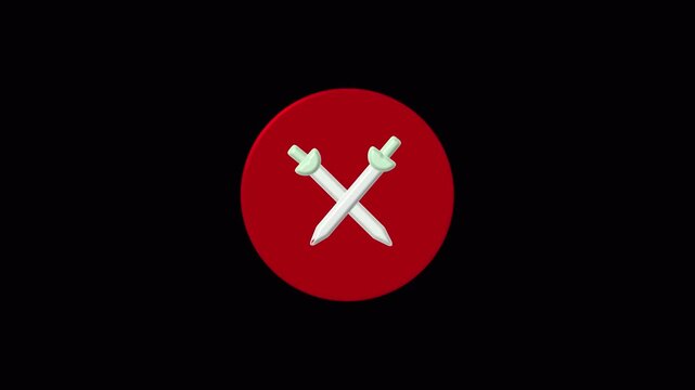 Crossed swords icon on red circle against black background. Combat crossed swords icon on red circle for gaming clan emblems. Historic crossed swords icon on red circle.