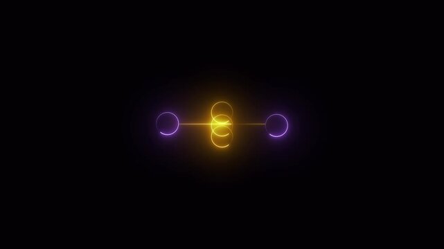 Interconnected neon circles in purple and yellow on black field. Creative interconnected neon circles in purple and yellow. Modern interconnected neon circles in purple.