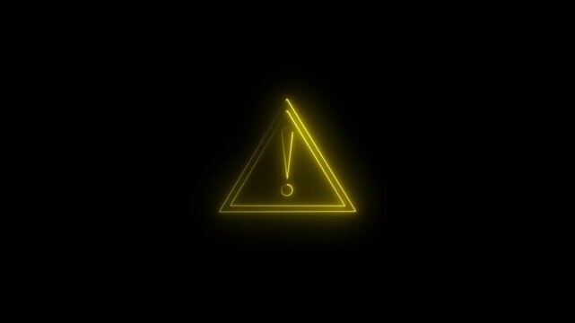 Glowing yellow neon warning triangle sign with exclamation mark animation on black background caution
