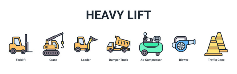 Heavy Lift web banner icon vector illustration with Forklift, Crane, Loader, Dumper Truck, Air Compressor, Blower and Traffic Cone © Arjuna
