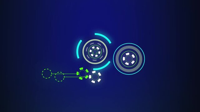 Blue and green digital interface with circular items and gears. Technical blue and green digital interface with circular items. Tech blue and green digital interface.