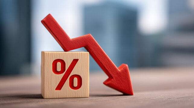 falling interest rate concept with percentage symbol and downward arrow representing lower borrowing costs and finance trend