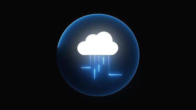 White cloud icon with blue light rays inside sphere. Modern white cloud icon with blue light rays inside sphere for servers. Tech white cloud icon with blue light rays.