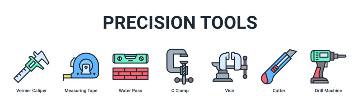 Precision Tools web banner icon vector illustration with Vernier Caliper, Measuring Tape, Water Pass, C Clamp, Vice, Cutter and Drill Machine