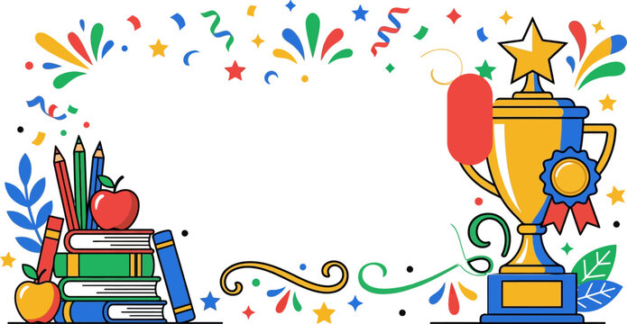 Colorful educational celebration border with books, trophy, and party decorations