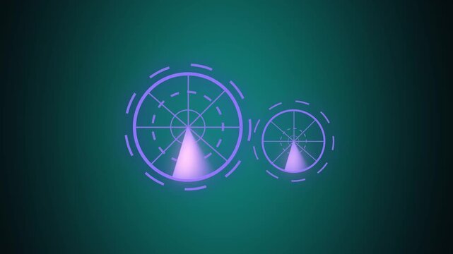Two purple radar screens showing scans against teal background. Technical two purple radar screens showing scans for military sonar. Tech two purple radar screens scans.
