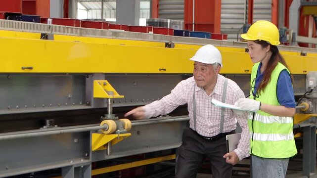 Asian woman worker with helmet and safety vest holds clipboard, discuss with supervisor at industrial site. Senior foreman gives instructions to staff while inspects machinery at manufacturing factory