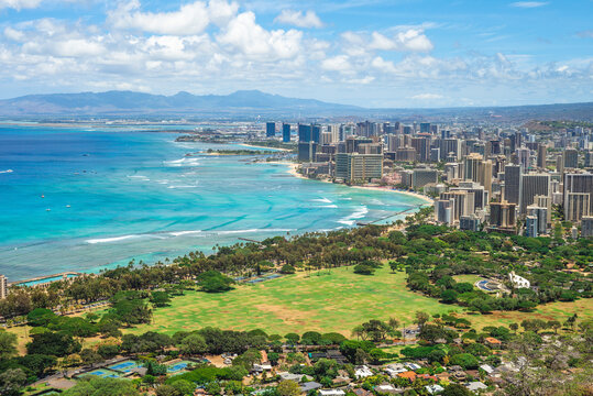 view over honolulu from diamond head mountain in Oahu, Hawaii, US