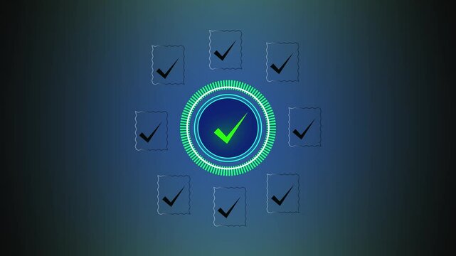 Central glowing checkmark within circle surrounded by checklists. Approved central glowing checkmark within circle for full validation. Modern central glowing checkmark.